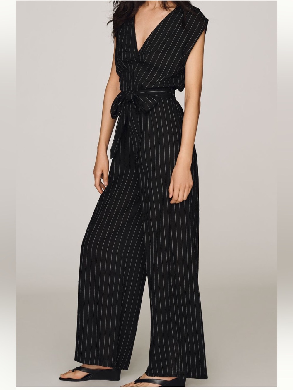 Bishop and Young Black Pinstripe Wrap Jumpsuit with Tie Waist